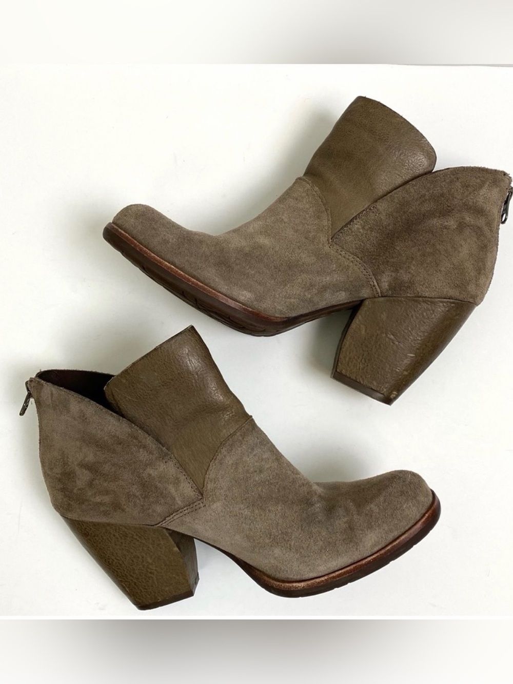 Kork-Ease Taupe Suede & Leather Block Heel Ankle Boots